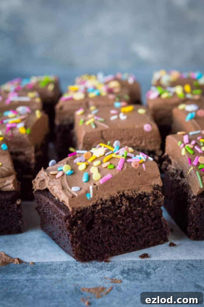 Easy vegan chocolate cake - this simple vegan chocolate sheet cake is quick and easy to make and doesn't use any unusual or hard to find ingredients. It is so moist and rich you would never guess that it is free from eggs and dairy! A tantalizing close-up of the side of a slice of easy vegan chocolate birthday cake, showing its moist, dark chocolate interior and the thick layer of chocolate buttercream adorned with colorful sprinkles.