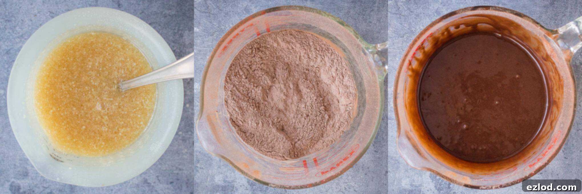 Effortless Vegan Chocolate Delight 3 Step-by-step image showing the process of making easy vegan chocolate cake, specifically focusing on mixing the wet ingredients into the dry ingredients to create a smooth batter.