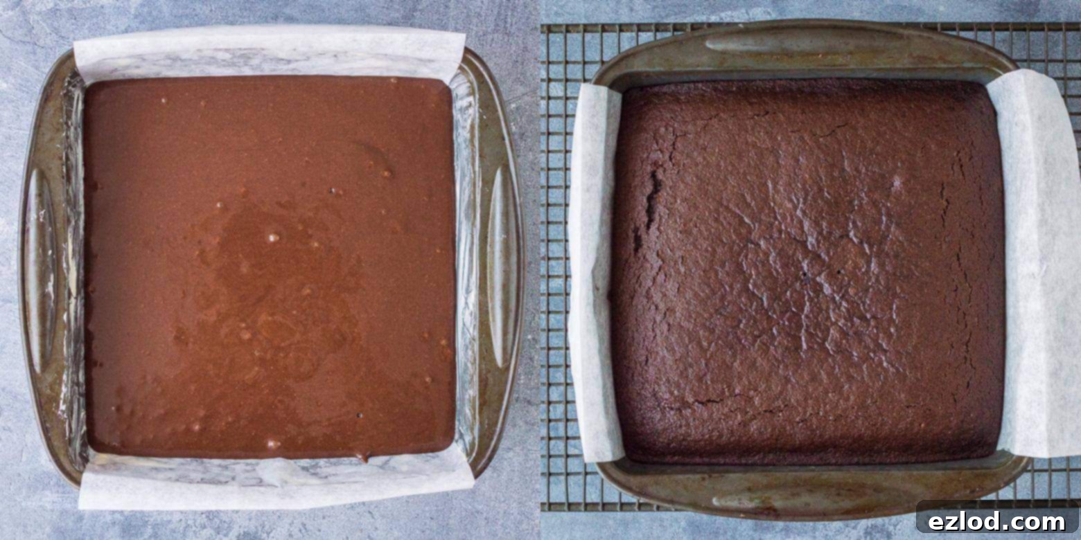 Effortless Vegan Chocolate Delight 4 Step-by-step image demonstrating the easy vegan chocolate cake baking process, showing the cake tin inside the oven.