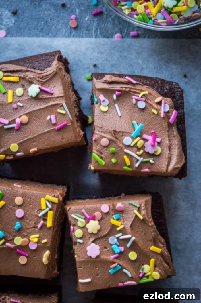 Easy vegan chocolate cake - this simple vegan chocolate sheet cake is quick and easy to make and doesn't use any unusual or hard to find ingredients. It is so moist and rich you would never guess that it is free from eggs and dairy! A close-up photograph of individual squares of easy vegan chocolate cake resting on a sheet of baking parchment, showcasing its rich, dark color and inviting texture.