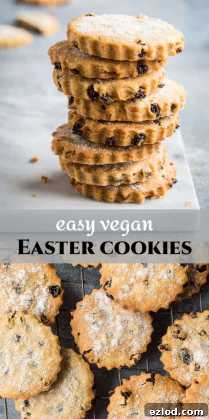 Pin This: Easy Vegan Easter Biscuits - Crispy, Spiced, Currant & Lemon-Infused Dairy-Free Cookies Recipe #vegan #cookies #biscuits #easter #veganbaking #vegancookies A visually appealing Pinterest image featuring vegan Easter biscuits, showcasing their perfect texture and sugar topping.