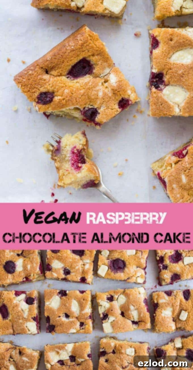 Raspberry, white chocolate and almond sheet cake - this amazing eggless, dairy free and vegan traybake cake is wonderfully soft and moist and full of fresh raspberries and white chocolate chunks. Perfect for snacking, afternoon tea or dessert. #vegan #vegancake #veganbaking #plantbased #chocolate #whitechocolate #sheetcake #eggless #dairyfree #raspberry #almondcake #snackcake #coffeecake img 9110 9