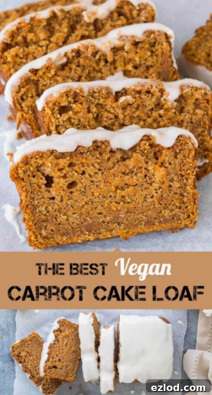 Vegan carrot cake loaf - this is the best vegan carrot cake! Easy to make, moist, sweet and spicy with a zingy lemon glaze; this loaf cake is perfect for snacking on. #vegan #veganbaking #vegancake #vegancarrotcake #loafcake #snackcake #carrotcake #eggless #dairyfree #eggfree A vibrant, delicious vegan carrot cake loaf, beautifully glazed and perfectly baked. This plant-based treat is easy to make and ideal for any occasion.