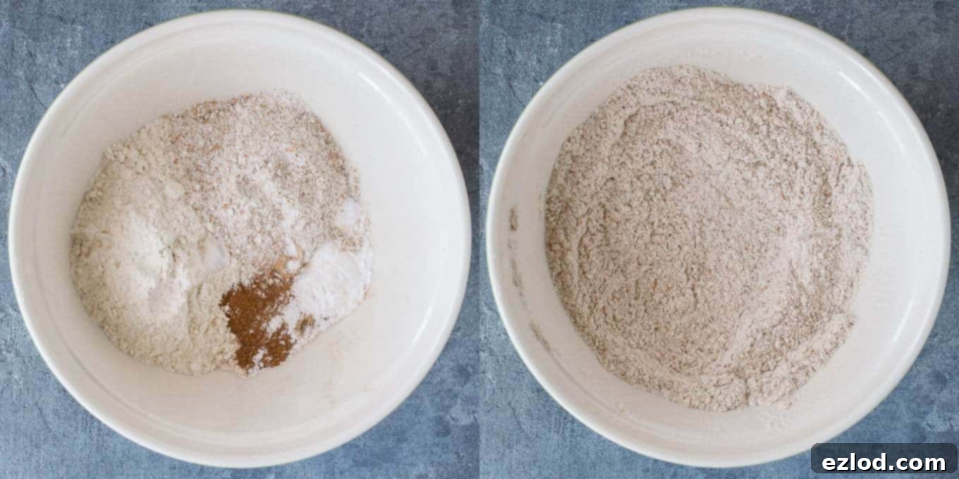 Spiced Vegan Carrot Bread 4 Step 2 in preparing vegan carrot cake: Sifting together all dry ingredients, including plain flour, wholemeal flour, various spices, baking soda, baking powder, and salt, into a separate bowl.