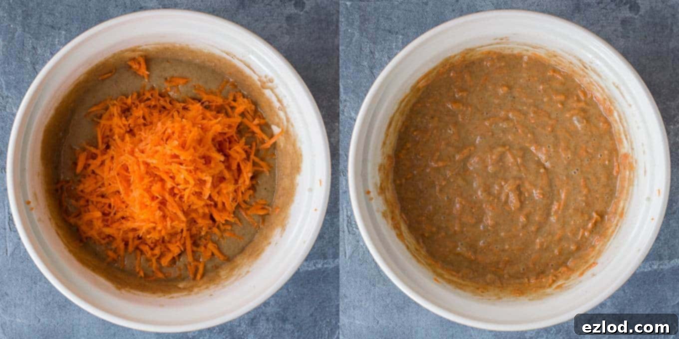 Spiced Vegan Carrot Bread 5 Step 3 in the vegan carrot cake recipe: Gently folding grated carrots into the batter after combining wet and dry ingredients, ensuring an even distribution for a perfect loaf.