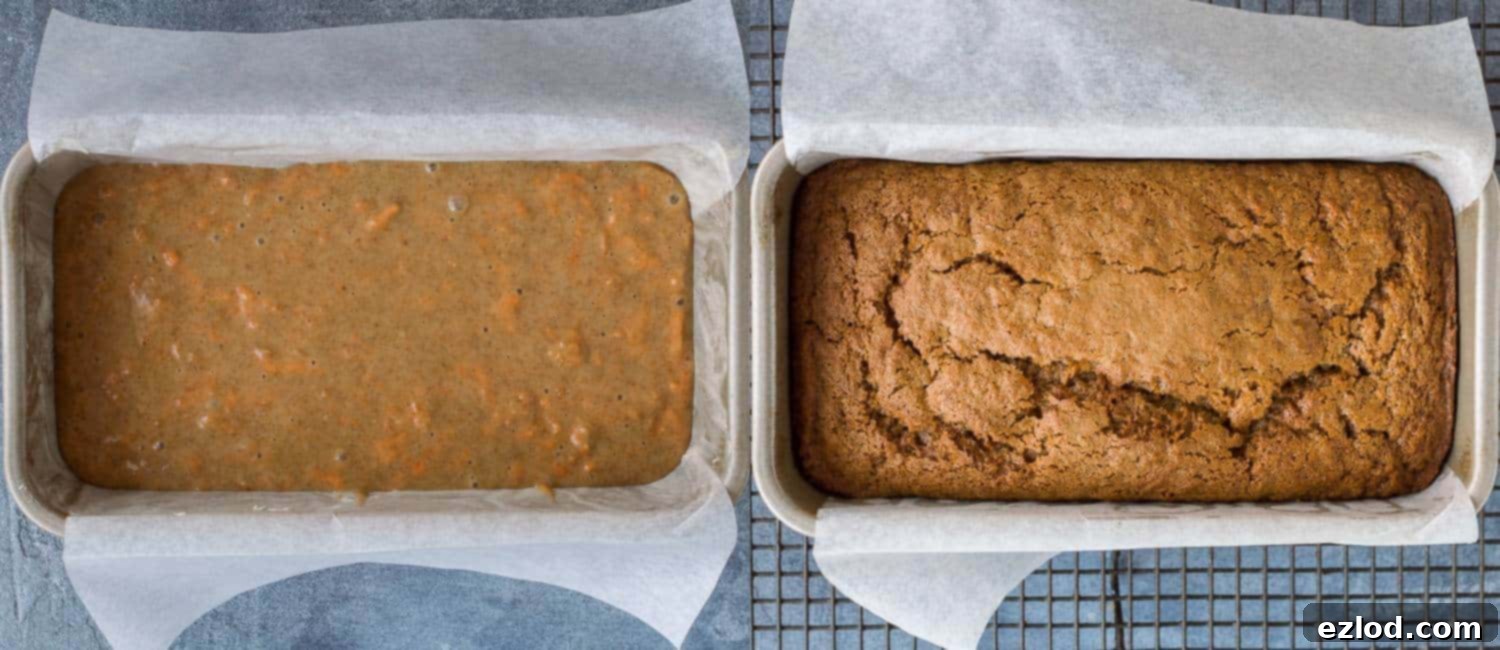 Spiced Vegan Carrot Bread 6 Step 4 of baking vegan carrot cake: The cake is in the oven, cooking to a golden brown perfection in its loaf tin, embodying the anticipation of a delicious treat.