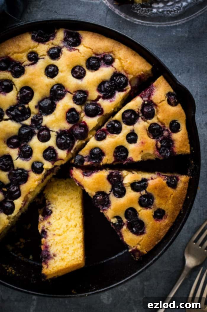 Skillet-baked Vegan Lemon Blueberry Polenta Cake slice, showcasing its rustic cornmeal texture, fresh blueberries, and lemon syrup glaze. A close-up view of a perfectly sliced vegan lemon blueberry cornmeal cake, revealing its moist texture and juicy blueberries, presented in a black cast iron skillet.