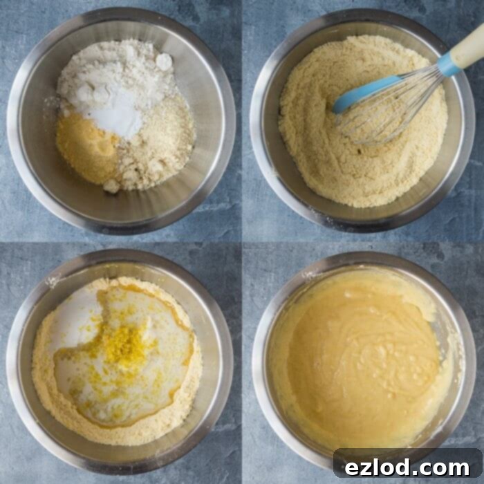 Lemon Blueberry Polenta Cake Vegan Gluten Free Low Fodmap Friendly 2 Step-by-step image showing the process of making the vegan lemon blueberry polenta cake batter in a large mixing bowl, illustrating its smooth consistency.