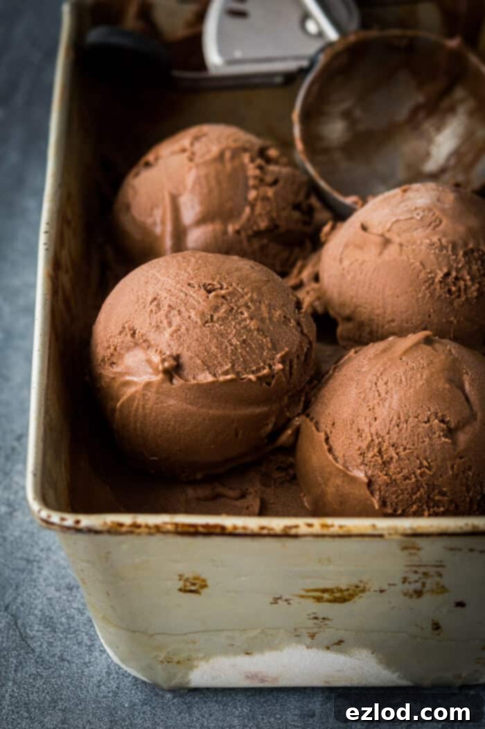 Rich and creamy vegan chocolate ice cream - this is the creamiest vegan chocolate ice cream with no hint of iciness and a rich chocolate flavour. Made with cashews and coconut milk for the smoothest, most decadent texture. NO bananas! #vegan #plantbased #veganicecream #chocolateicecream #dairyfree #eggless #icecream Scoops of creamy vegan chocolate ice cream in a metal loaf tin.