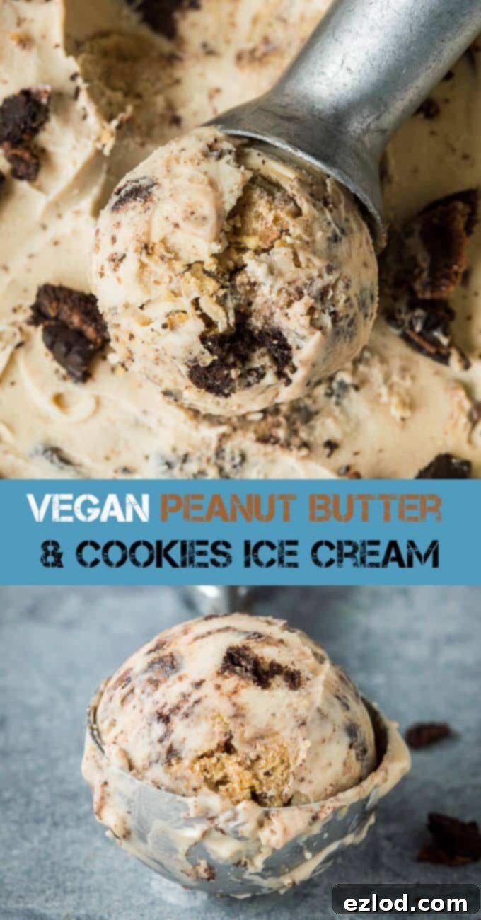 Vegan peanut butter and cookies ice cream - super rich and creamy vegan peanut butter ice cream filled with peanut butter cookie dough and Oreos. No hint of iciness and no bananas! Eggless and dairy free. #icecream #veganicecream #eggless #dairyfree #vegandessert #peanutbutter #oreo #cookiedough #plantbased img 9451 10