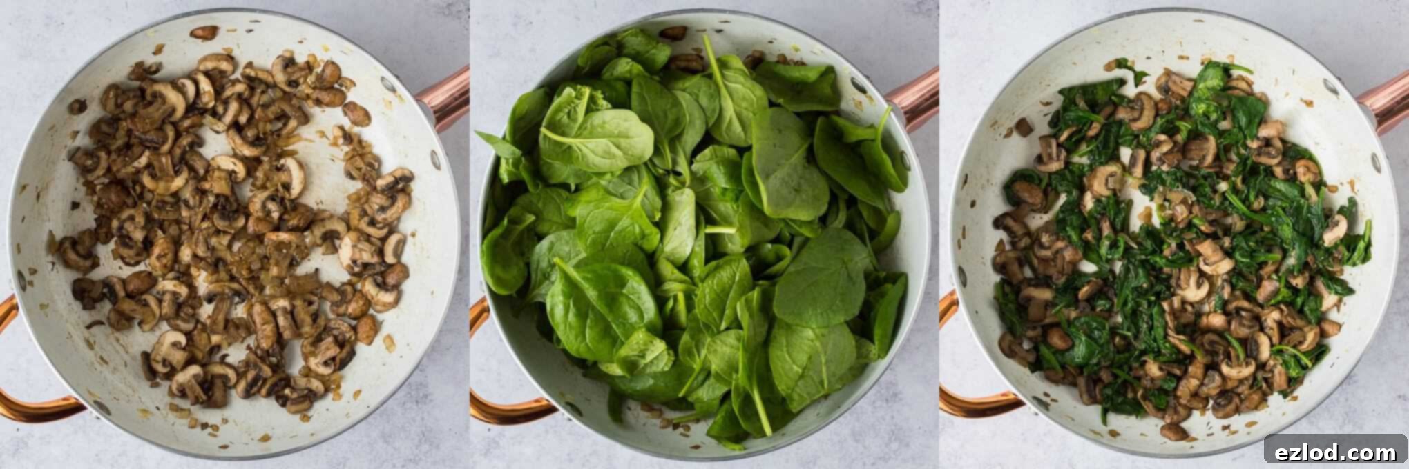 Plant-Powered Crepes: Spinach, Mushroom & Creamy Almond Cheese 3 Cooking the vegan mushroom, shallot, garlic and spinach filling in a frying pan.