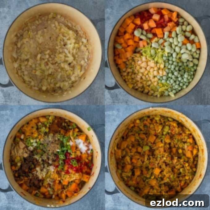 Irresistible Vegan Jamaican Veggie Patties 3 Step-by-step image showing the process of making the filling for vegan Jamaican vegetable patties, with vegetables simmering in a pan.