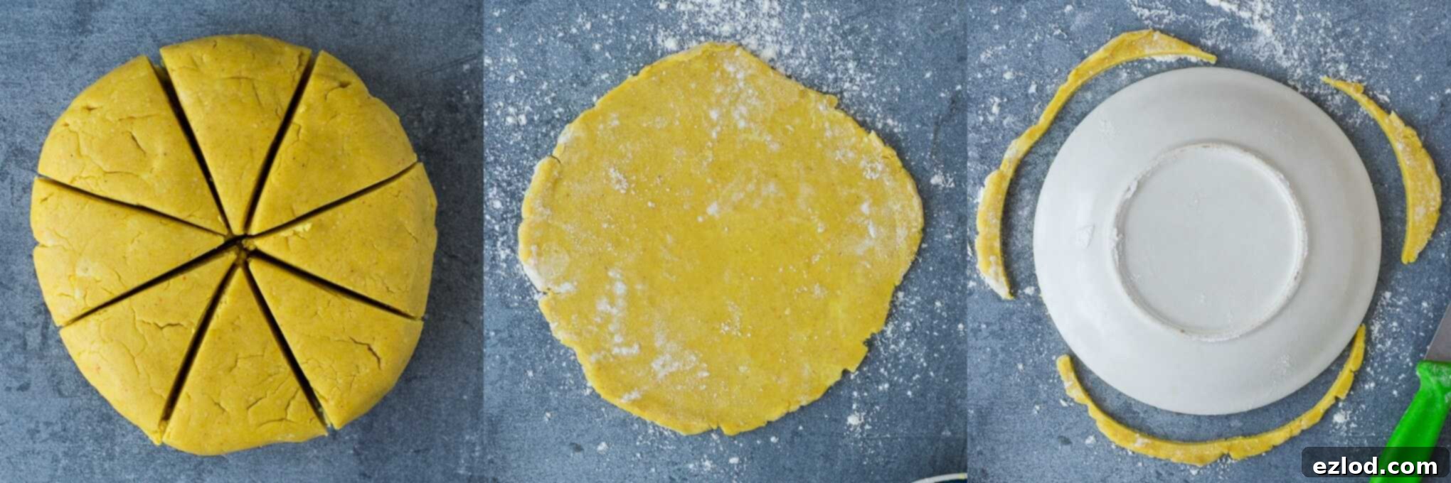 Irresistible Vegan Jamaican Veggie Patties 4 Step-by-step image showing the process of rolling out pastry dough for vegan Jamaican vegetable patties on a lightly floured surface.