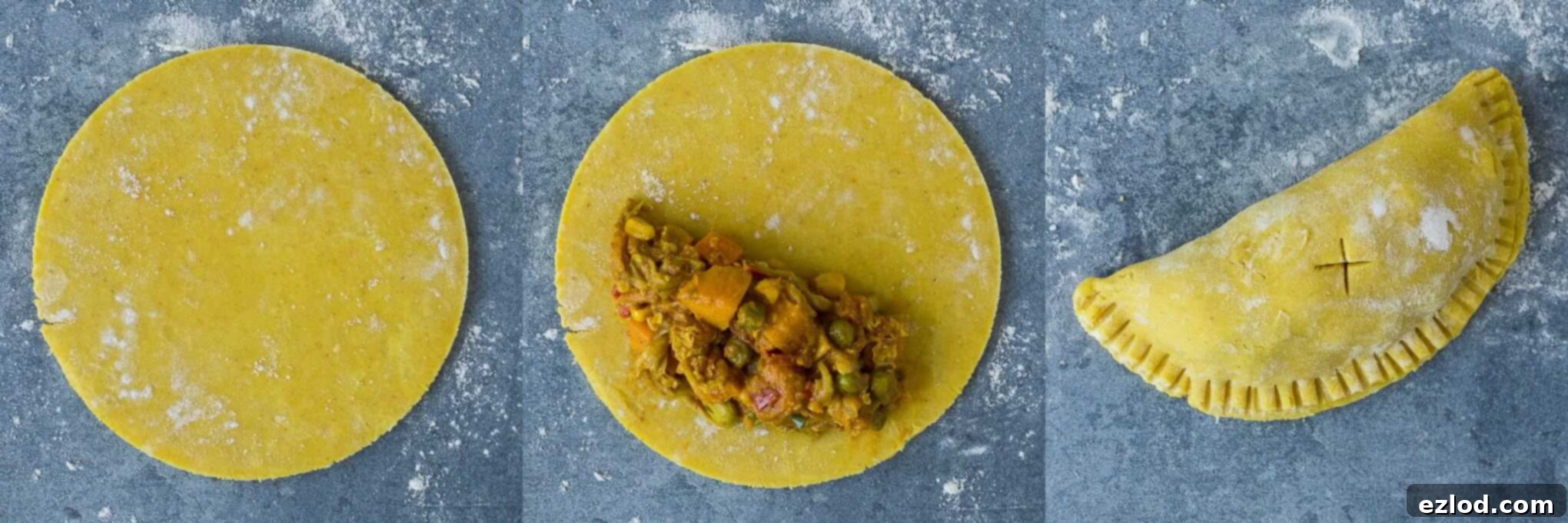 Irresistible Vegan Jamaican Veggie Patties 5 Step-by-step image demonstrating the assembly of vegan Jamaican vegetable patties, showing filling placement and sealing the pastry.