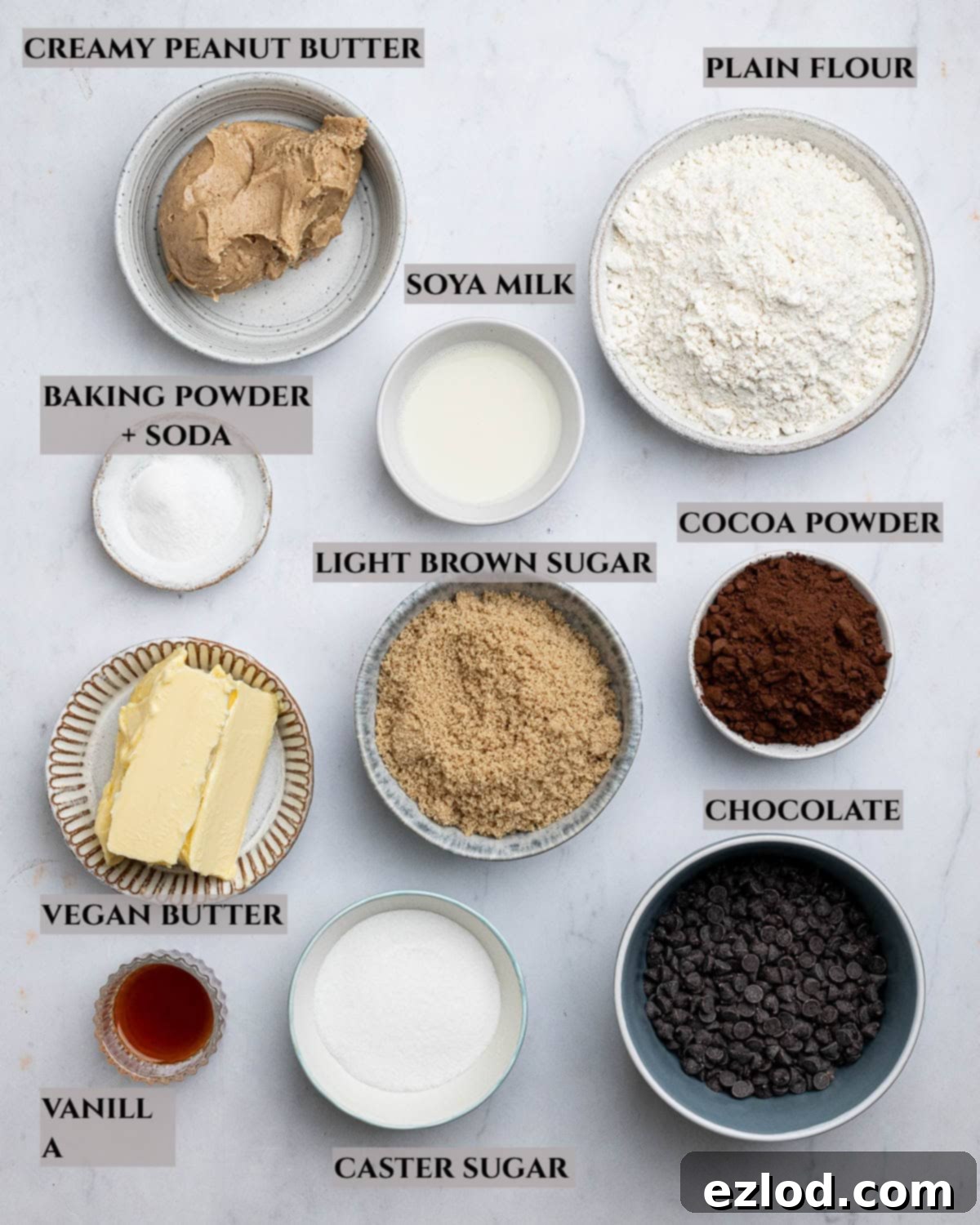 A well-organized, labeled photo showcasing all the essential ingredients for making delicious vegan peanut butter stuffed chocolate cookies.