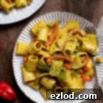 Close up of a plate of vegan rasta pasta.