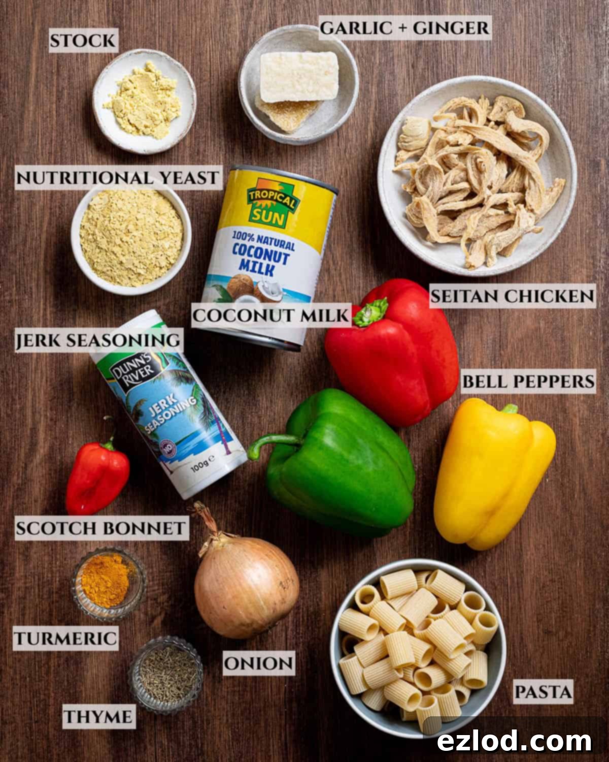 A labelled photo of the ingredients needed to make vegan rasta pasta.
