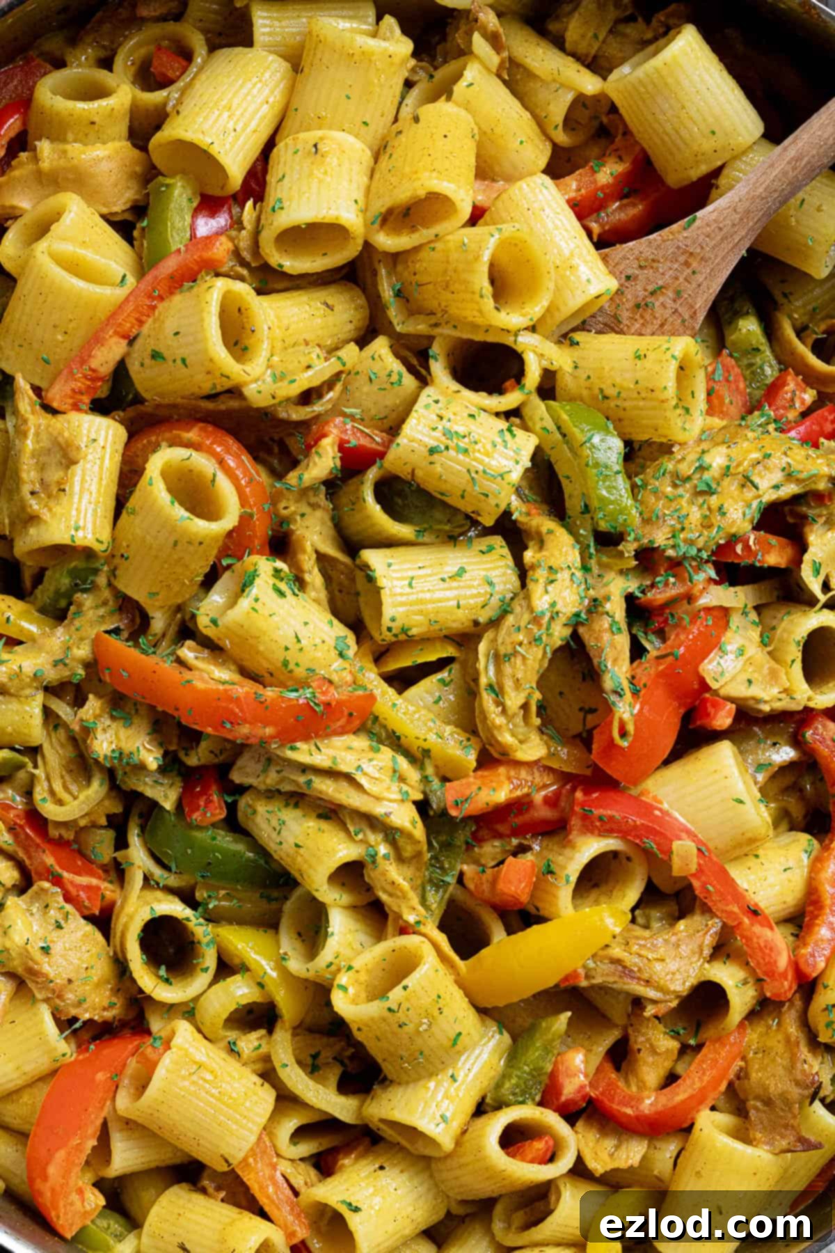 Close up of a panful of vegan rasta pasta.