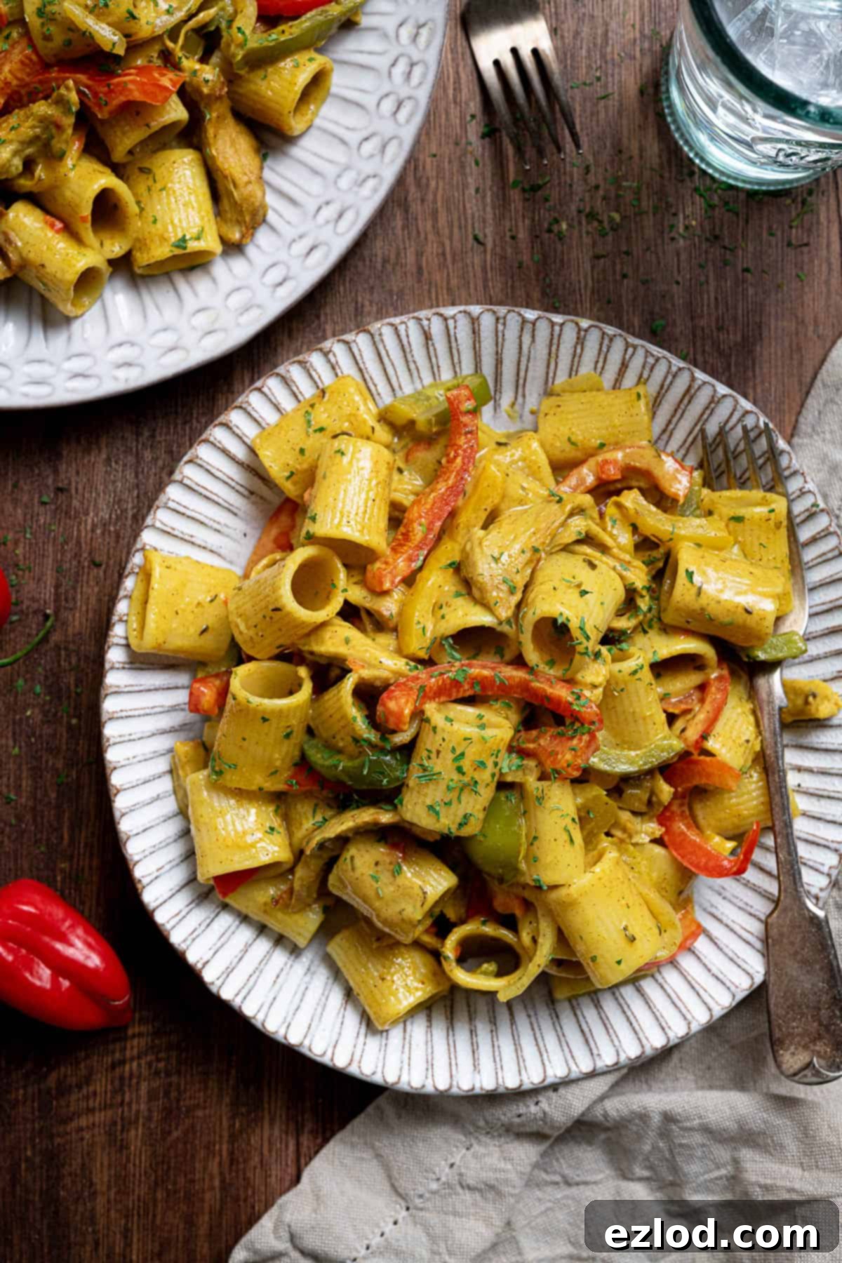 Close up of a plate of vegan rasta pasta.
