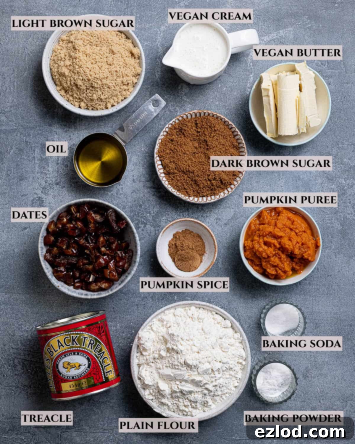 Spiced Pumpkin Sticky Toffee Pudding 3 A clearly labelled photo showcasing all the ingredients required to prepare a batch of vegan pumpkin sticky toffee pudding.