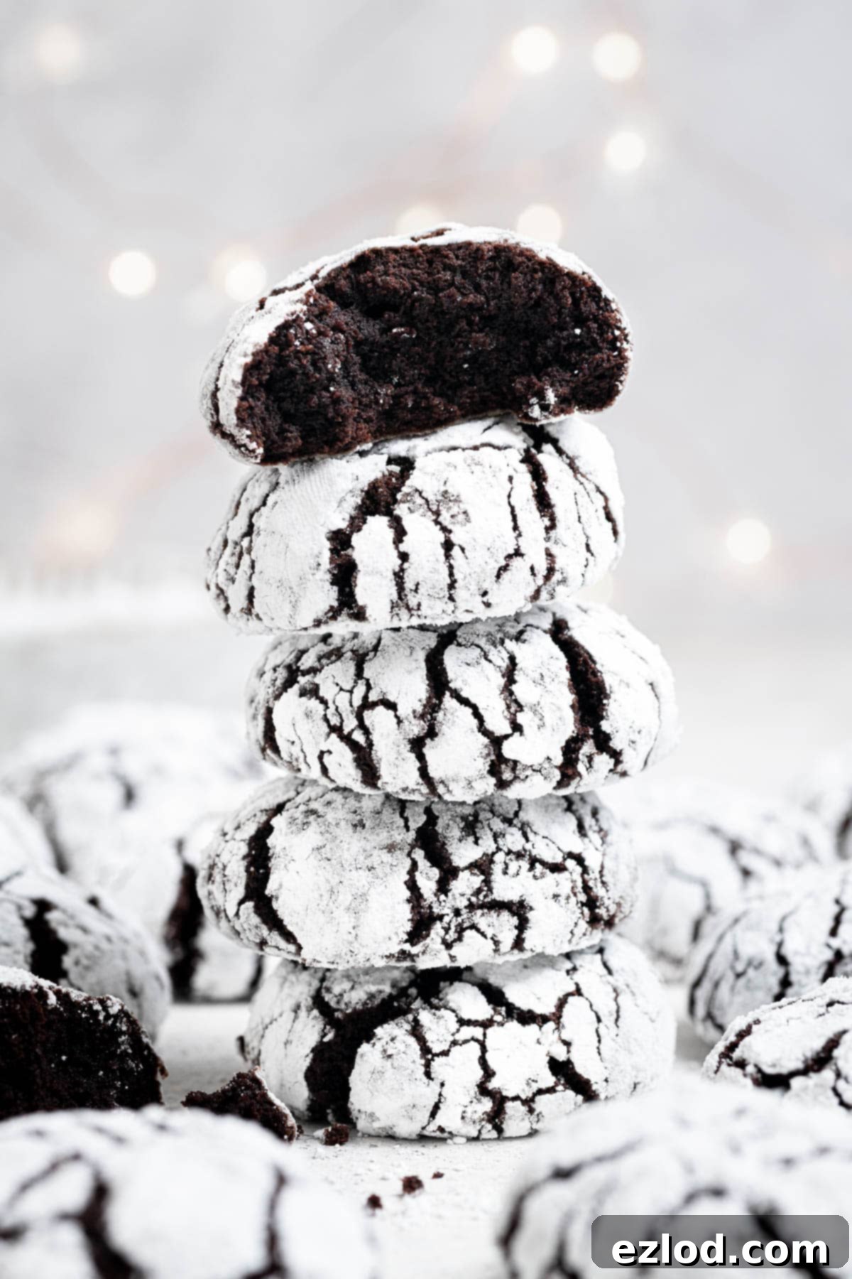 A stack of vegan chocolate crinkle cookies with fairy lights in the background.