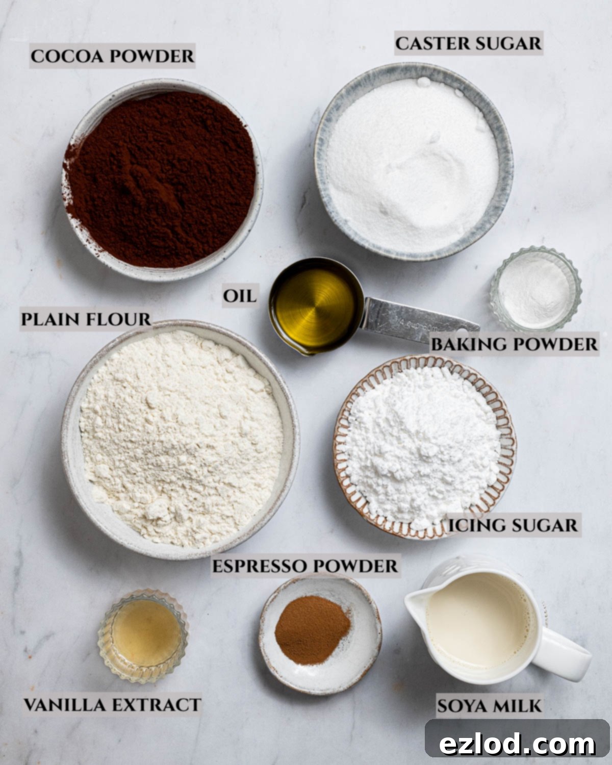 A labelled photo of the ingredients needed to make vegan chocolate crinkle cookies.