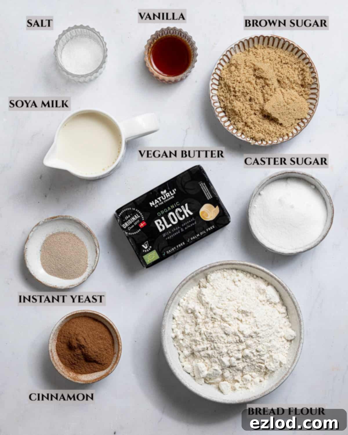 Vegan Cinnamon Star Bread 3 A labelled photo of the ingredients needed to make vegan cinnamon star bread.