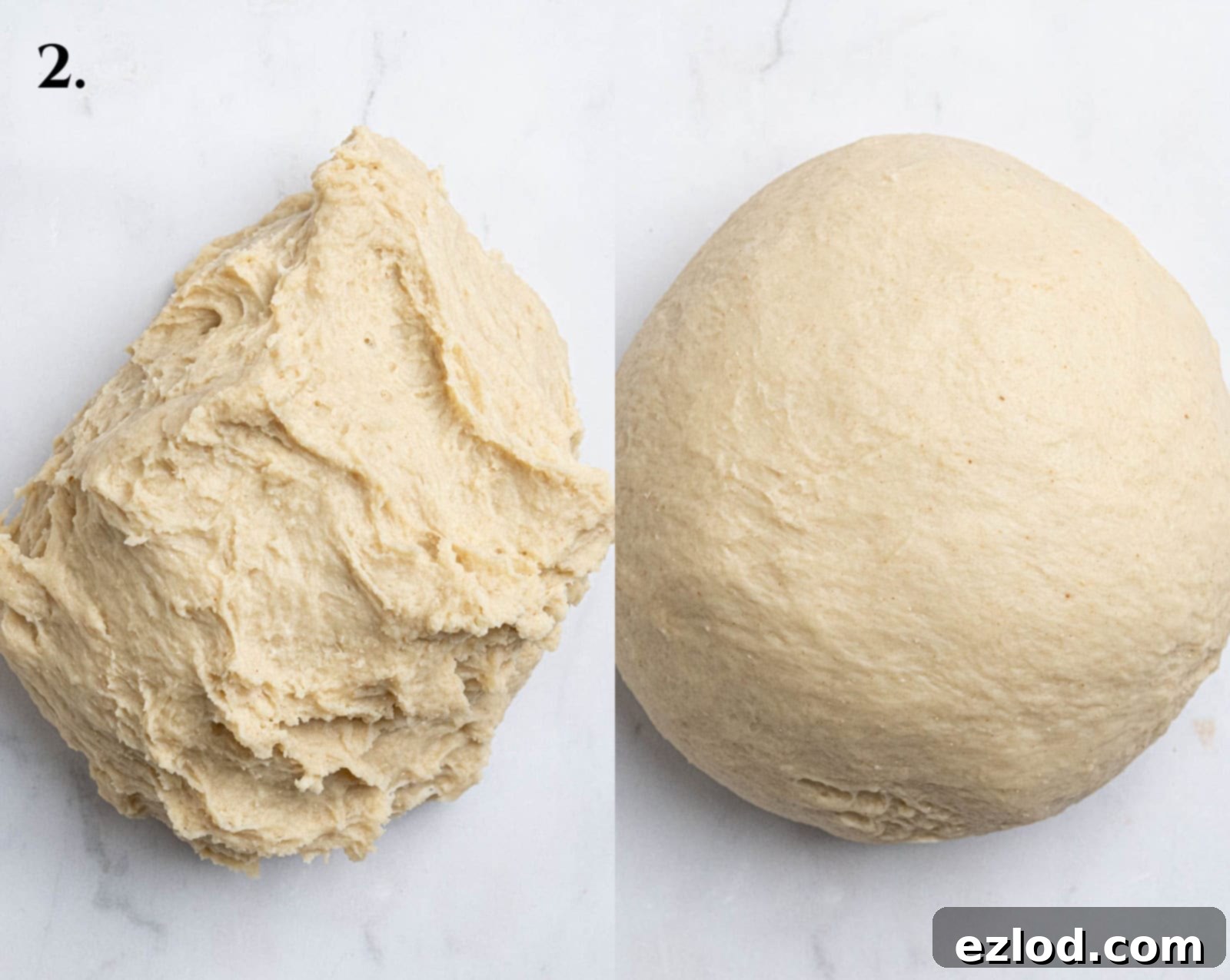 Vegan Cinnamon Star Bread 6 Step 2, the dough before and after kneading.