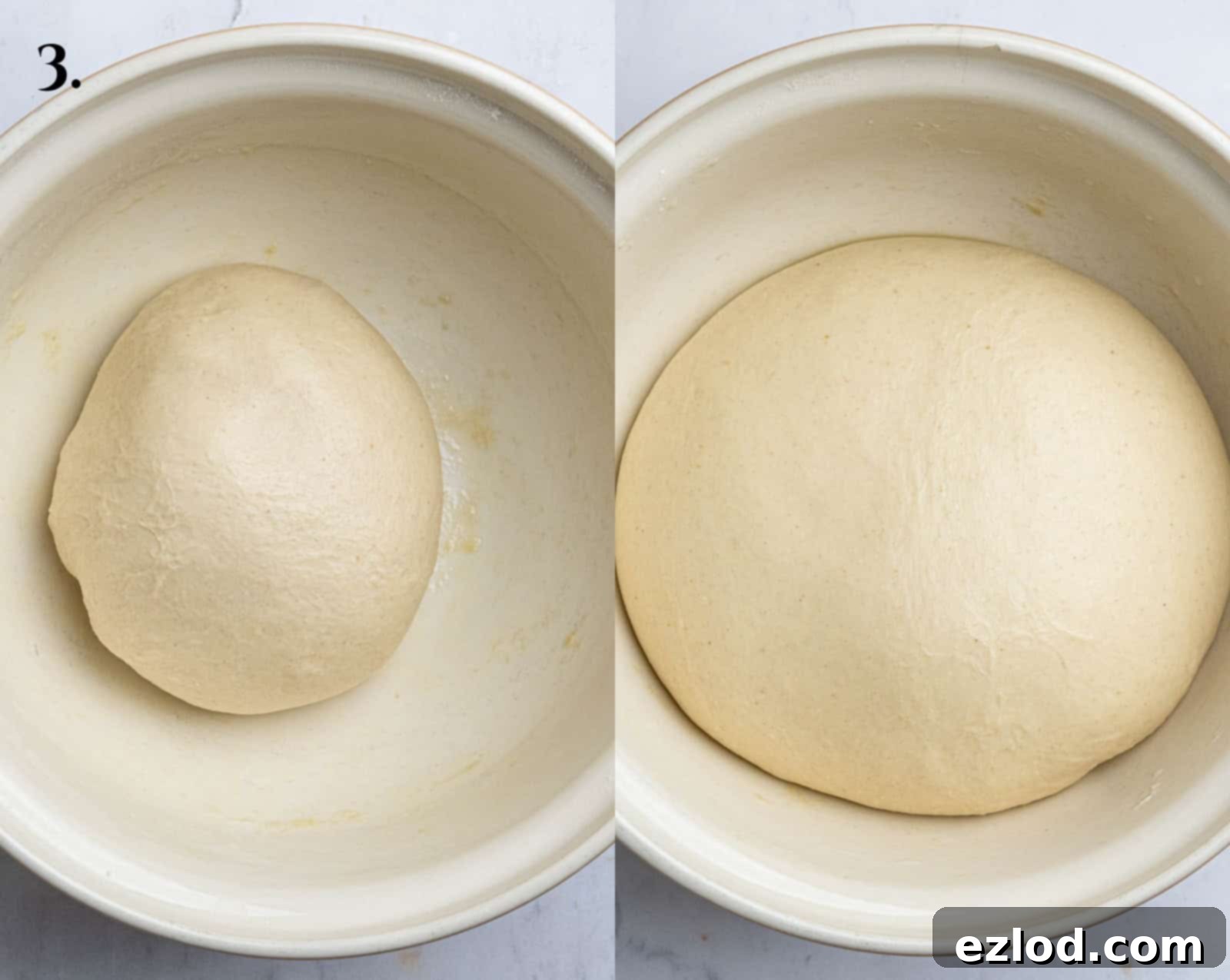 Vegan Cinnamon Star Bread 7 Step 3, the dough before and after rising.