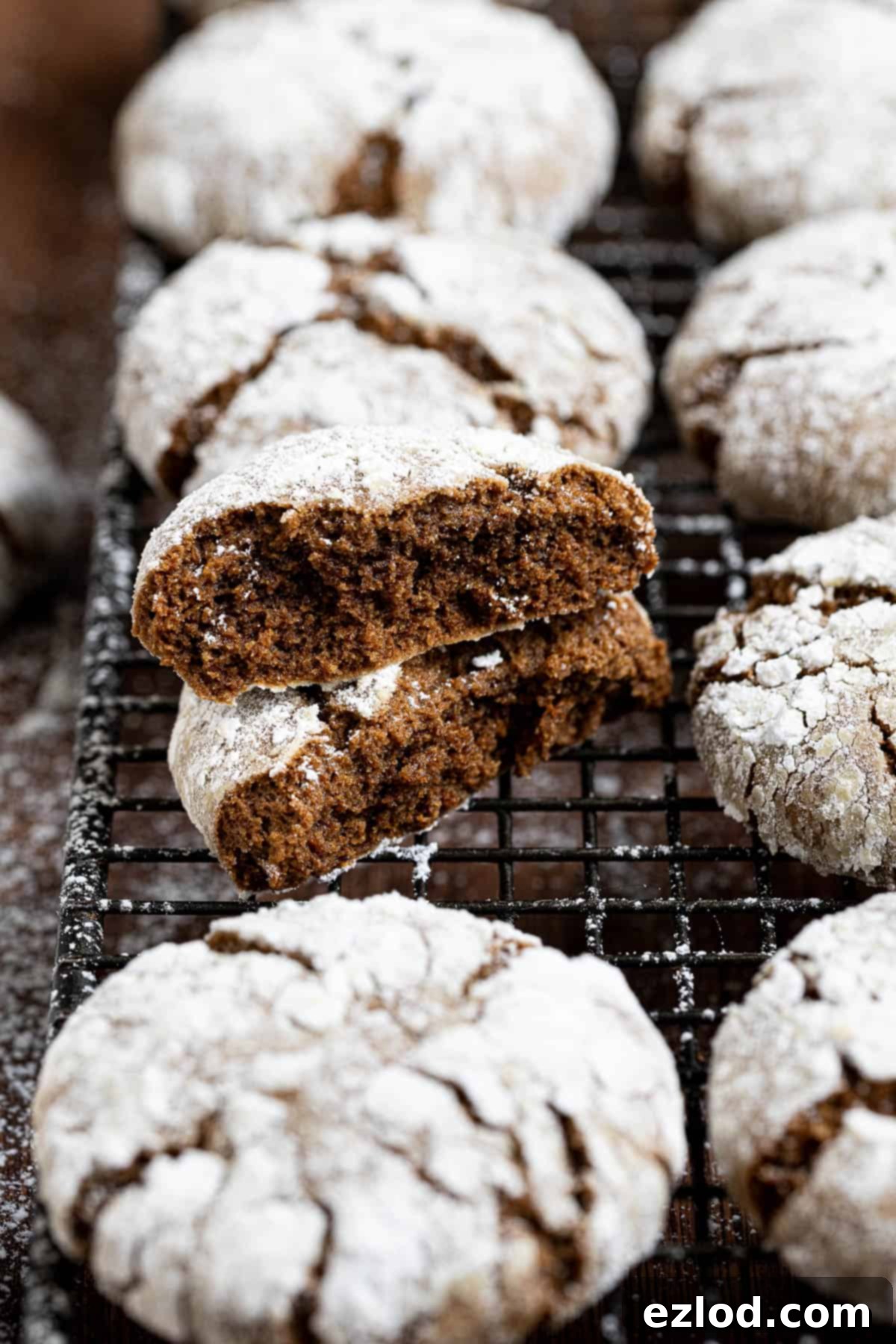 Close up of a vegan gingerbread crinkle cookie broken in half.