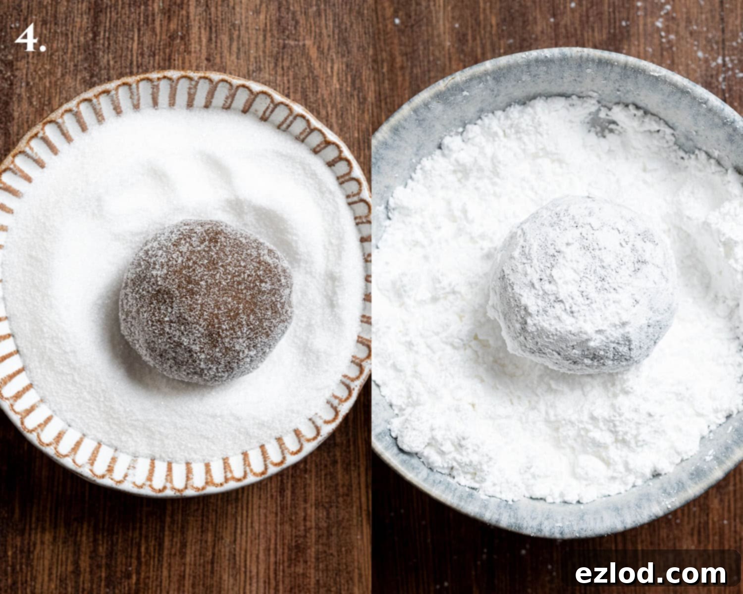 Step 4, a two image collage of rolling the balls of dough in sugar.