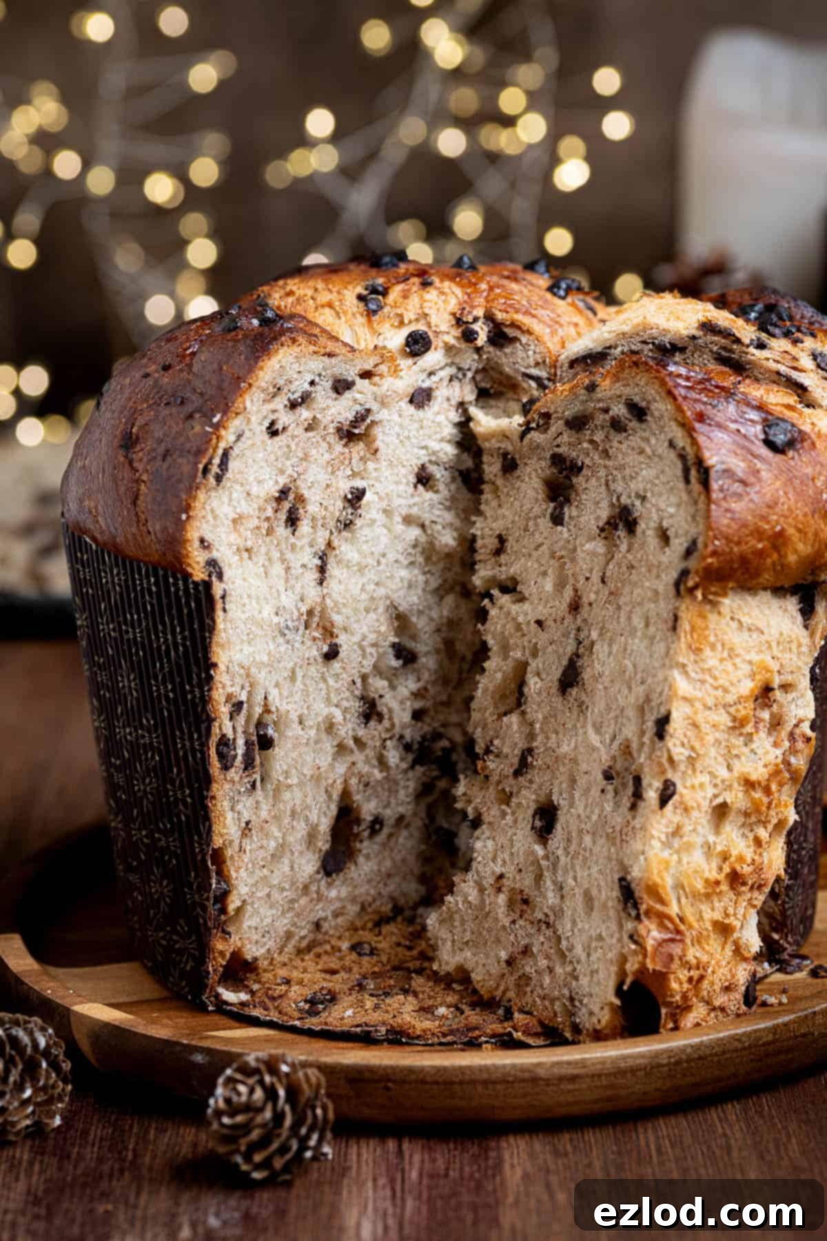 Close up of a sliced vegan chocolate chip panettone.