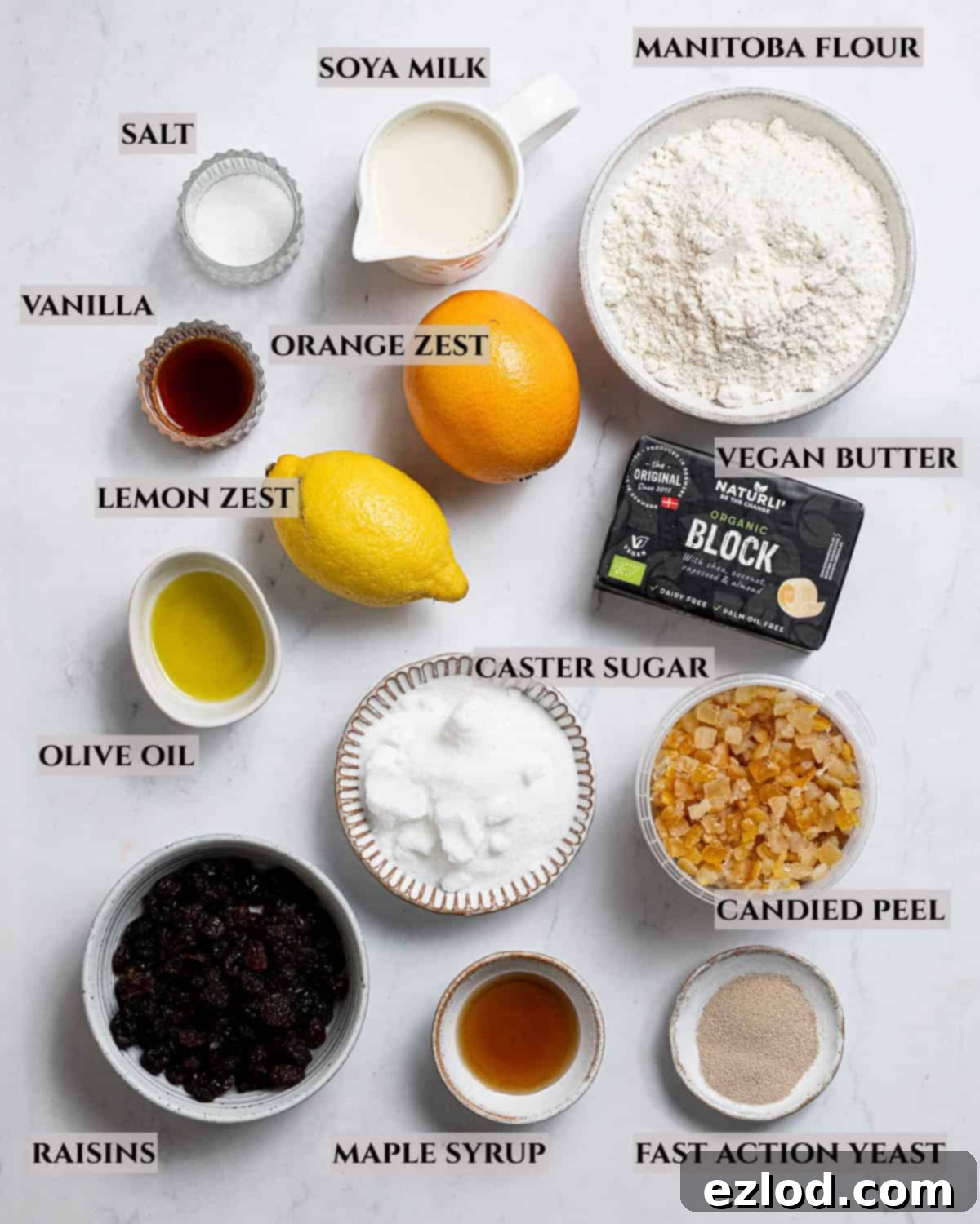 A labelled photo of the ingredients needed to make vegan panettone.