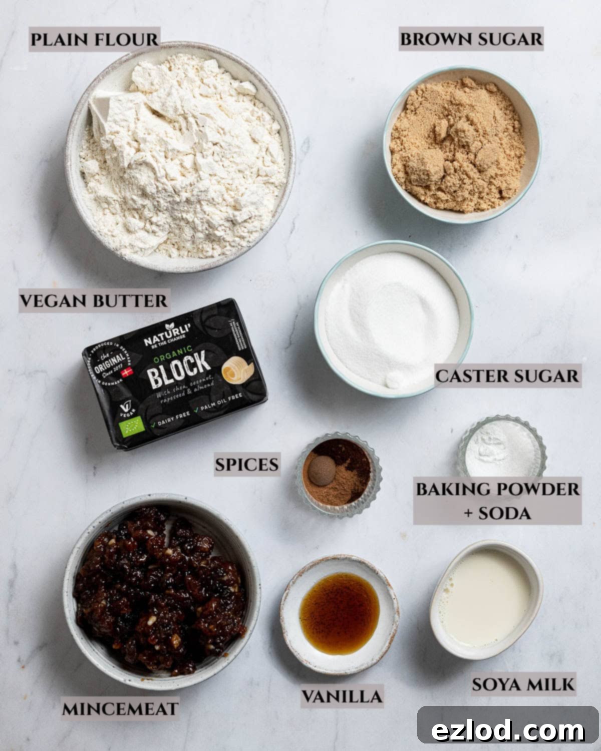 A labelled photo of the ingredients needed to make mincemeat cookies.