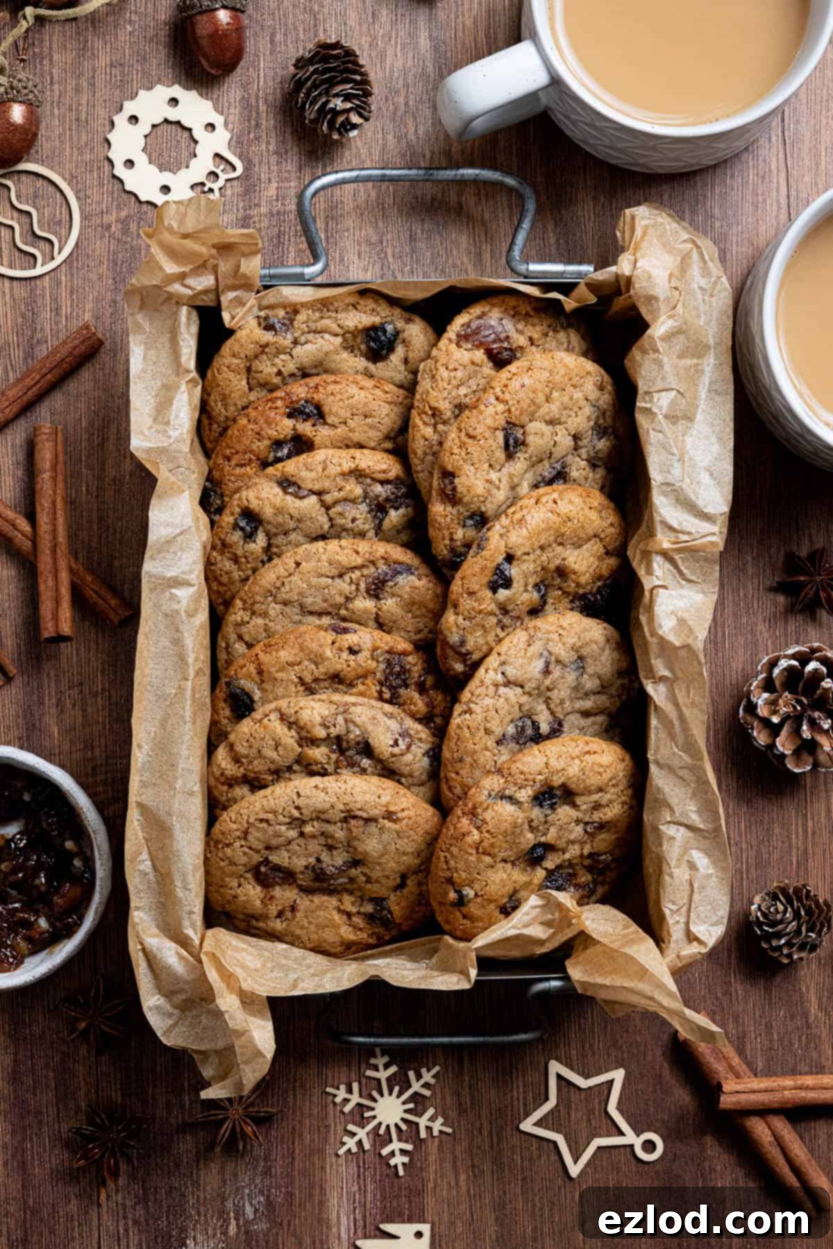 Vegan mincemeat cookies in a parchment lined box, surrounded by cups of tea, whole spices and Christmas decorations.