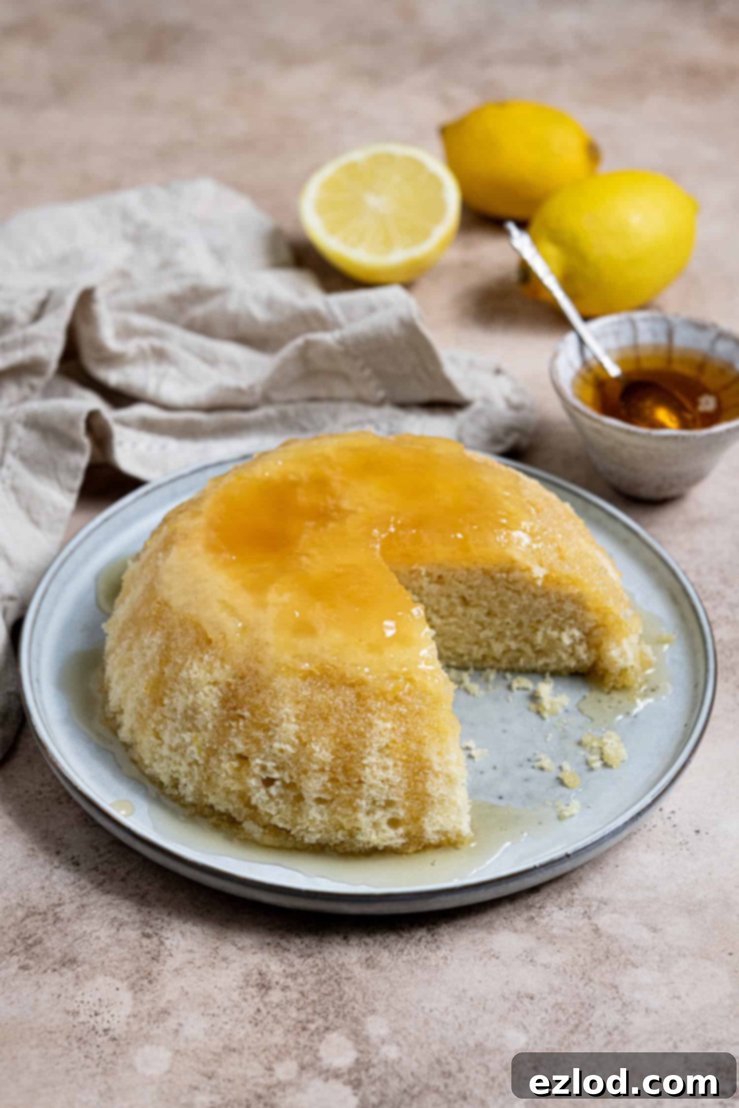 Vegan Microwave Syrup Pudding 2 Sliced vegan microwave syrup sponge on a plate with fresh lemons and a bowl of golden syrup.
