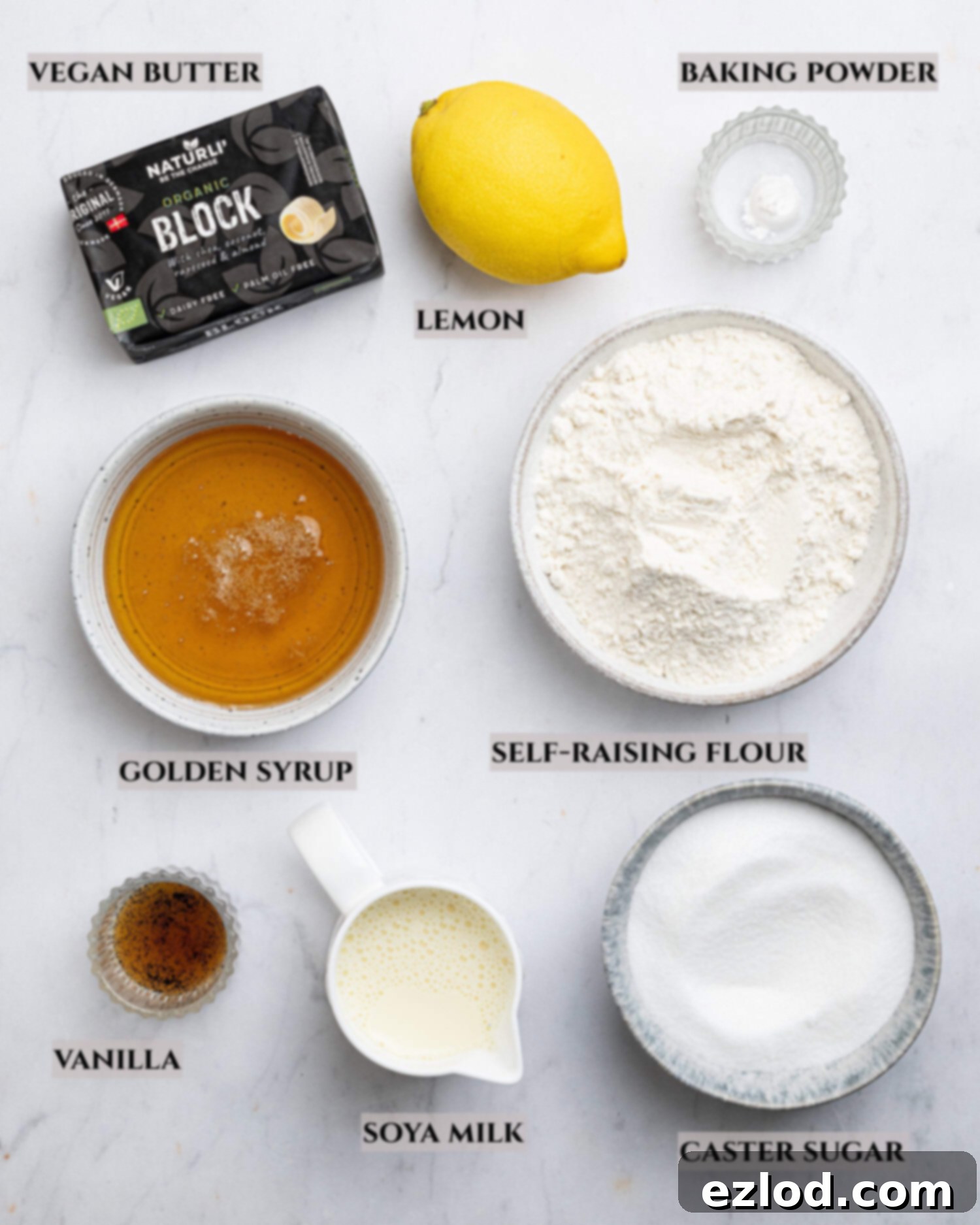 Vegan Microwave Syrup Pudding 3 A labelled photo of the ingredients needed to make vegan steamed syrup sponge pudding.