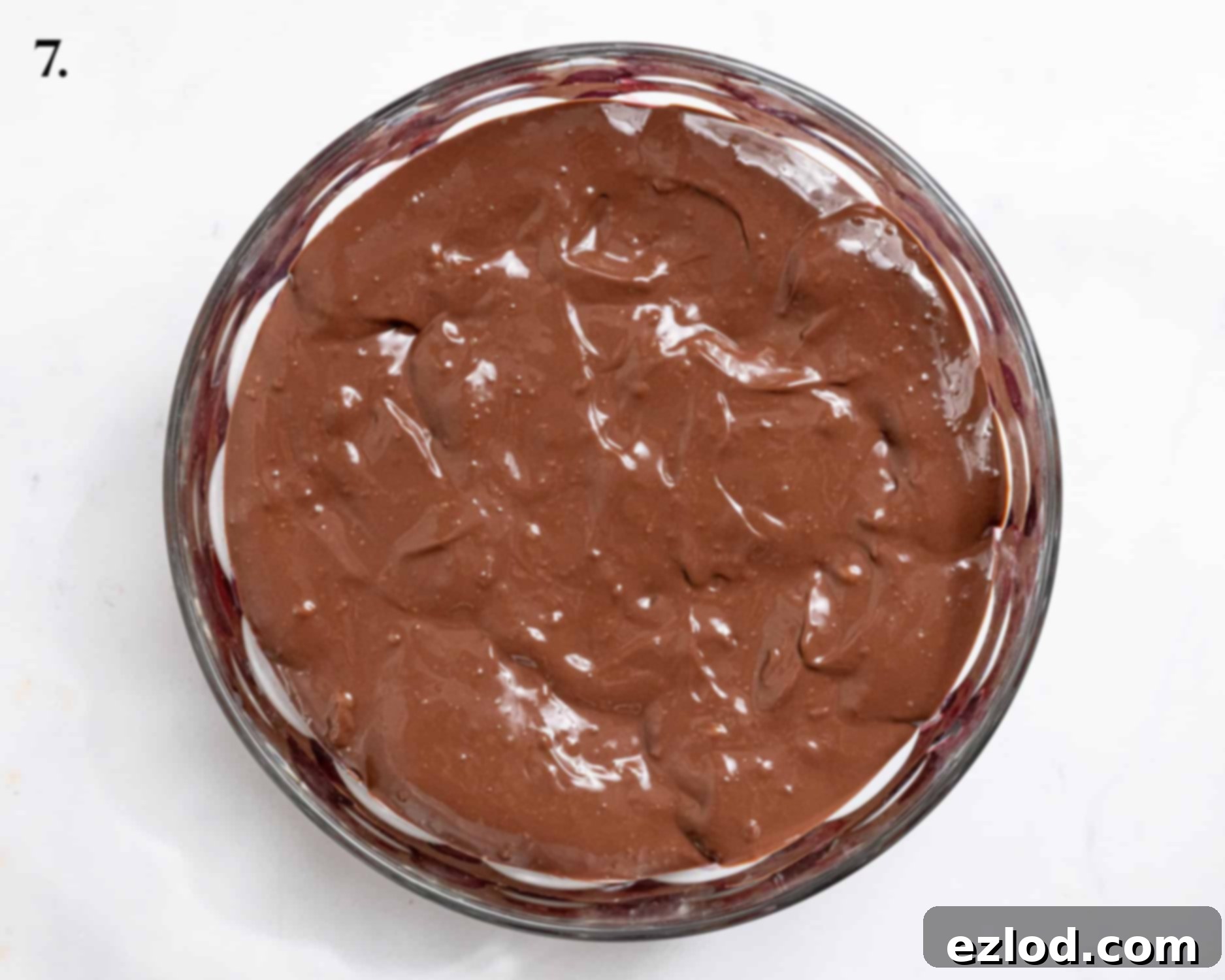 Vegan Dark Cherry Dream Trifle 11 Step 7, the custard layer in the trifle dish.