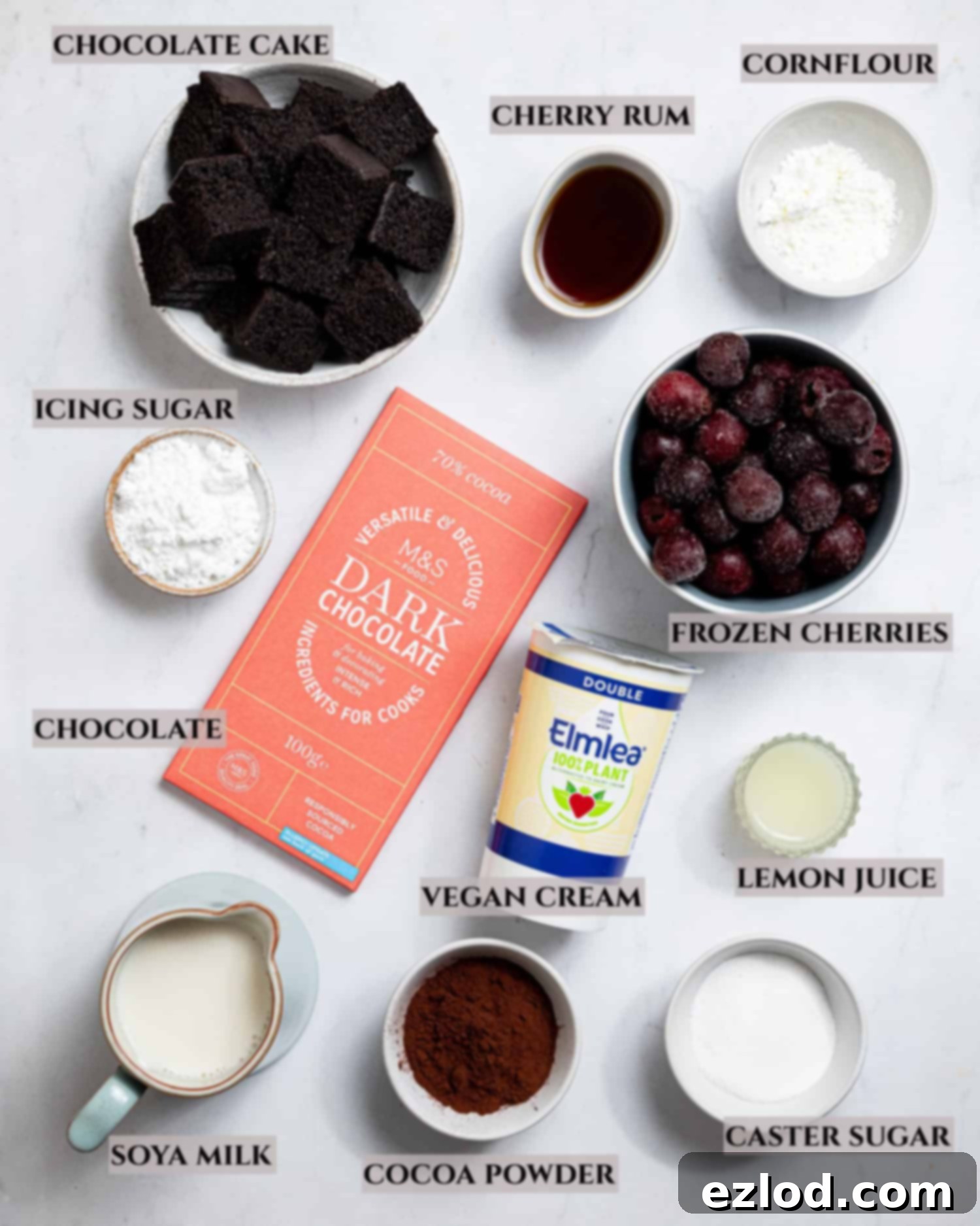 Vegan Dark Cherry Dream Trifle 3 A labelled photo of the ingredients needed to make vegan black forest trifle.