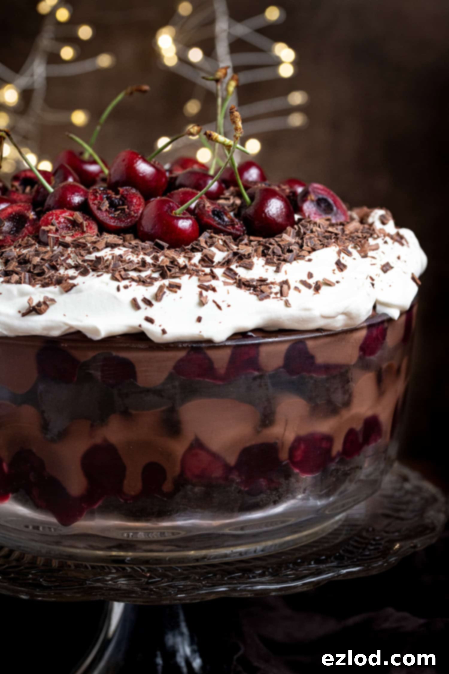 Vegan Dark Cherry Dream Trifle 4 Close up of the black forest trifle.