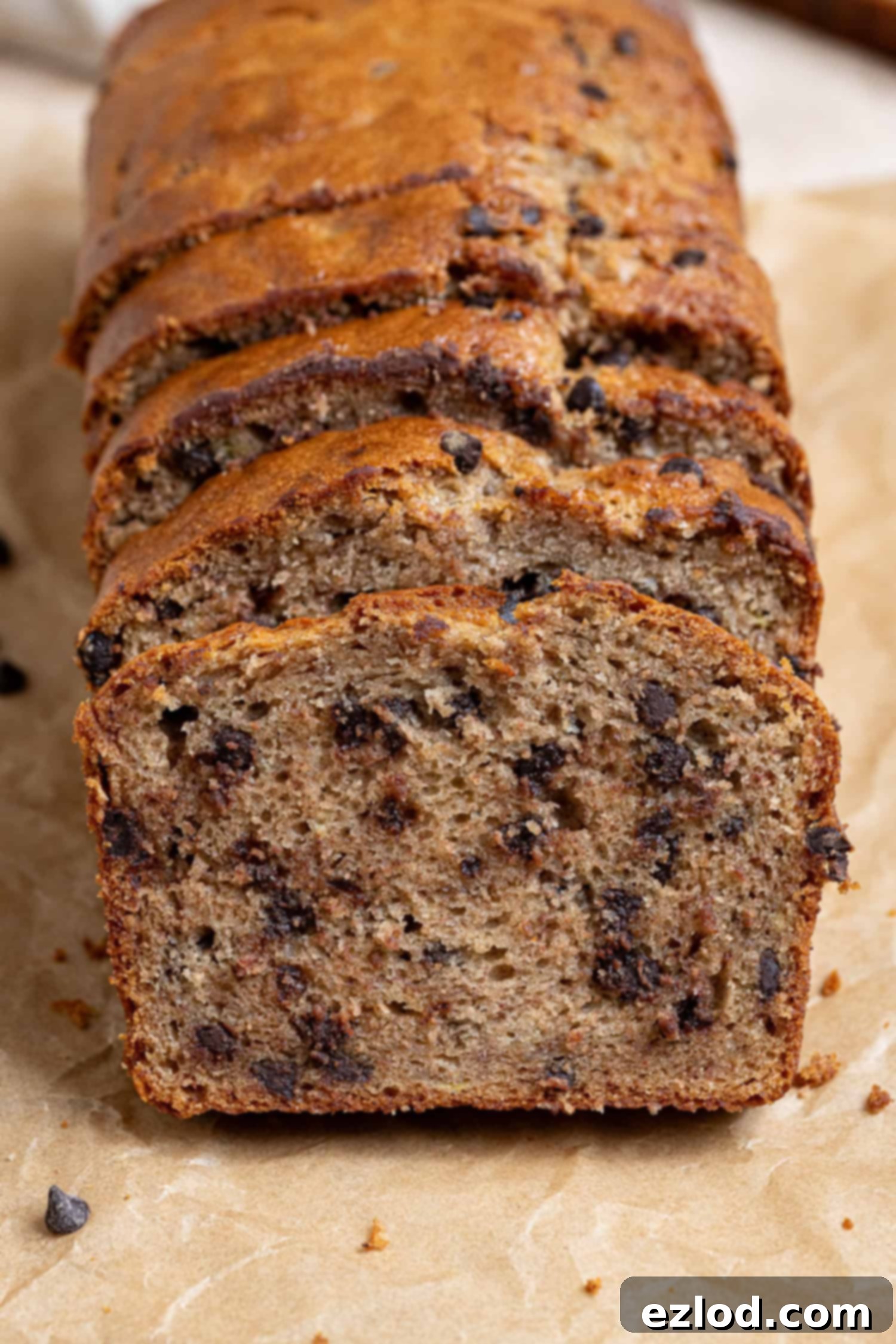 Close up of a slice of chocolate chip banana bread.