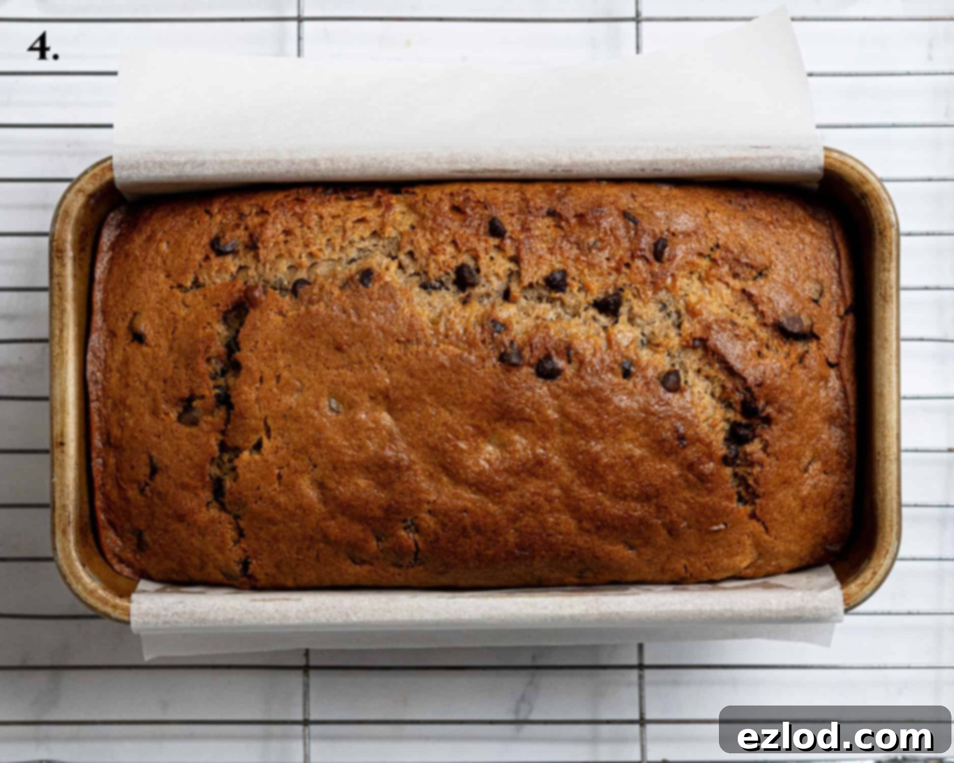 Step 4, the baked banana bread in the tin.