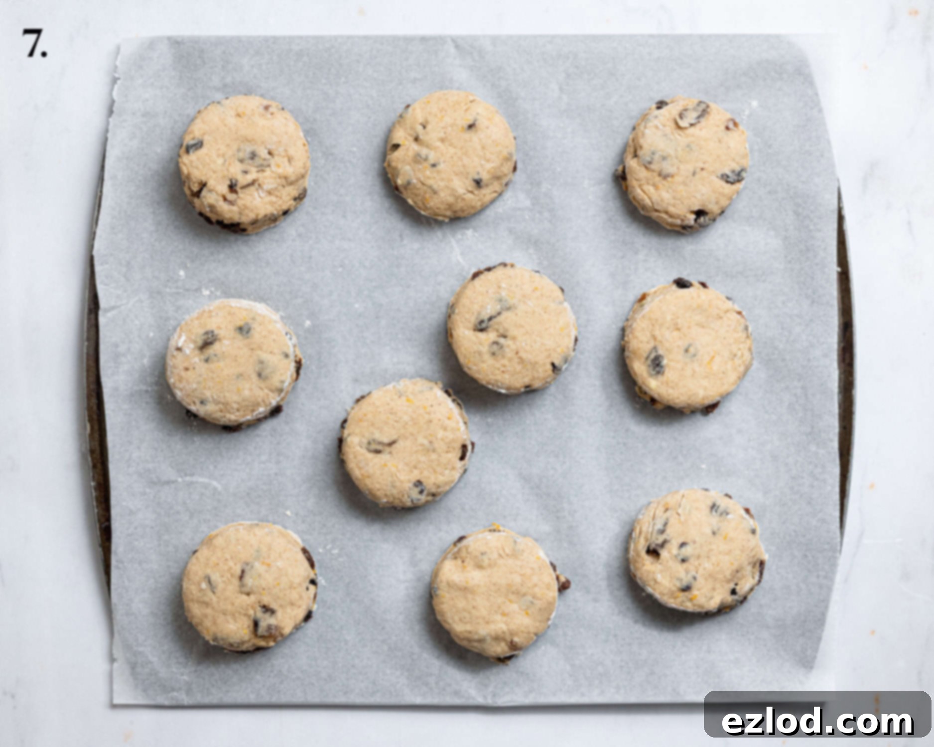 Scones on a baking sheet.
